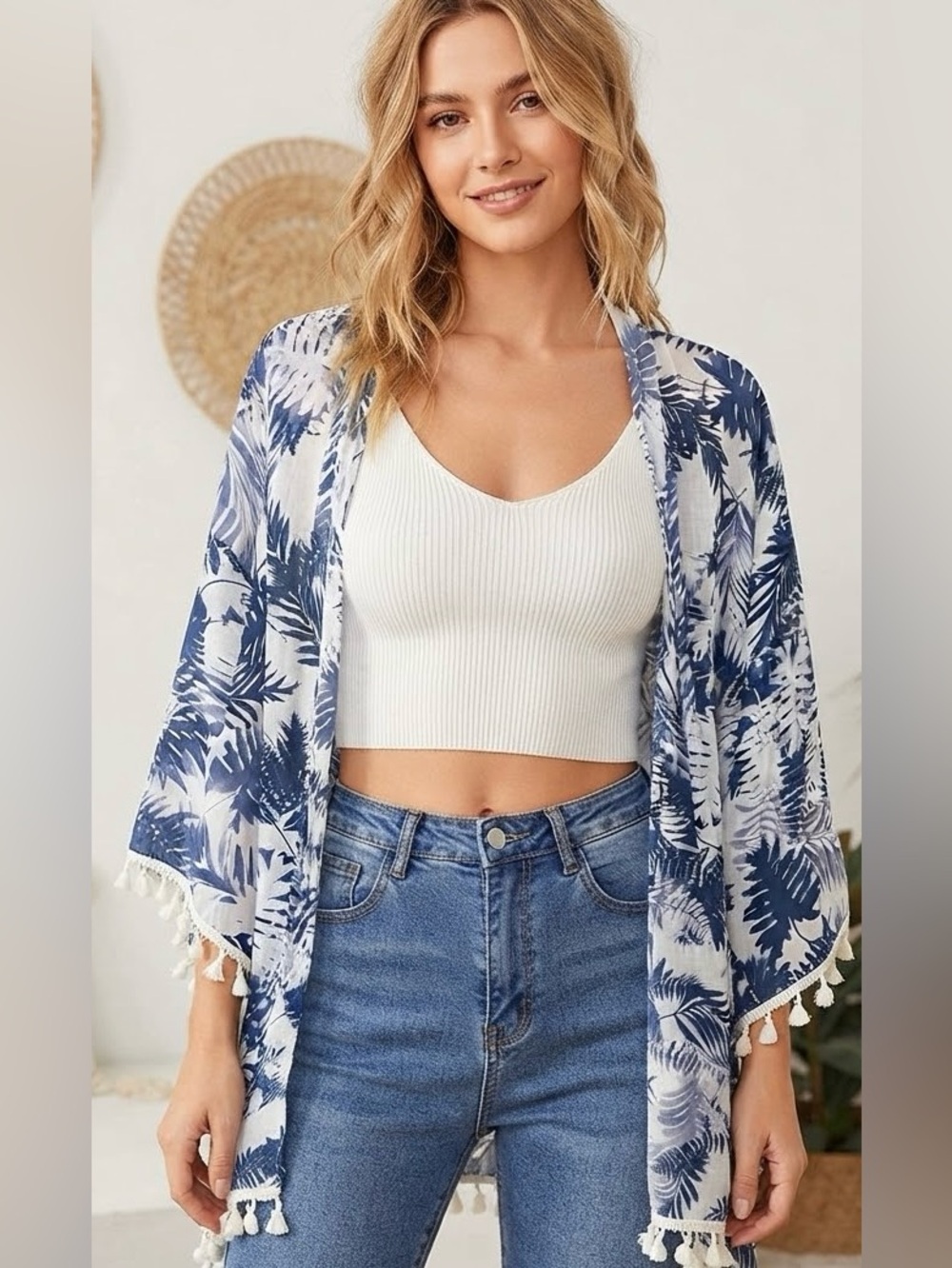 Surf Gypsy Blue and White Tropical Print tassel Open-Front Kimono